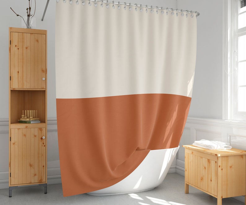 Rideau de douche beige et orange brûlé, rideaux de bain simples, bicolore, taille extra longue et standard, décoration de salle de bain minimaliste, idée cadeau-121 image 1