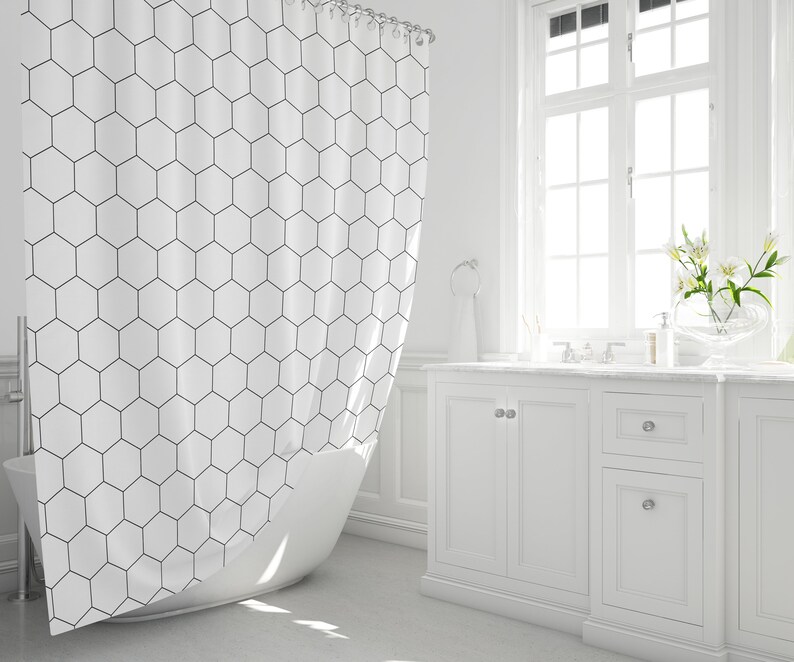 Hexagon Shower Curtain Black and White Bath Curtains Extra Etsy