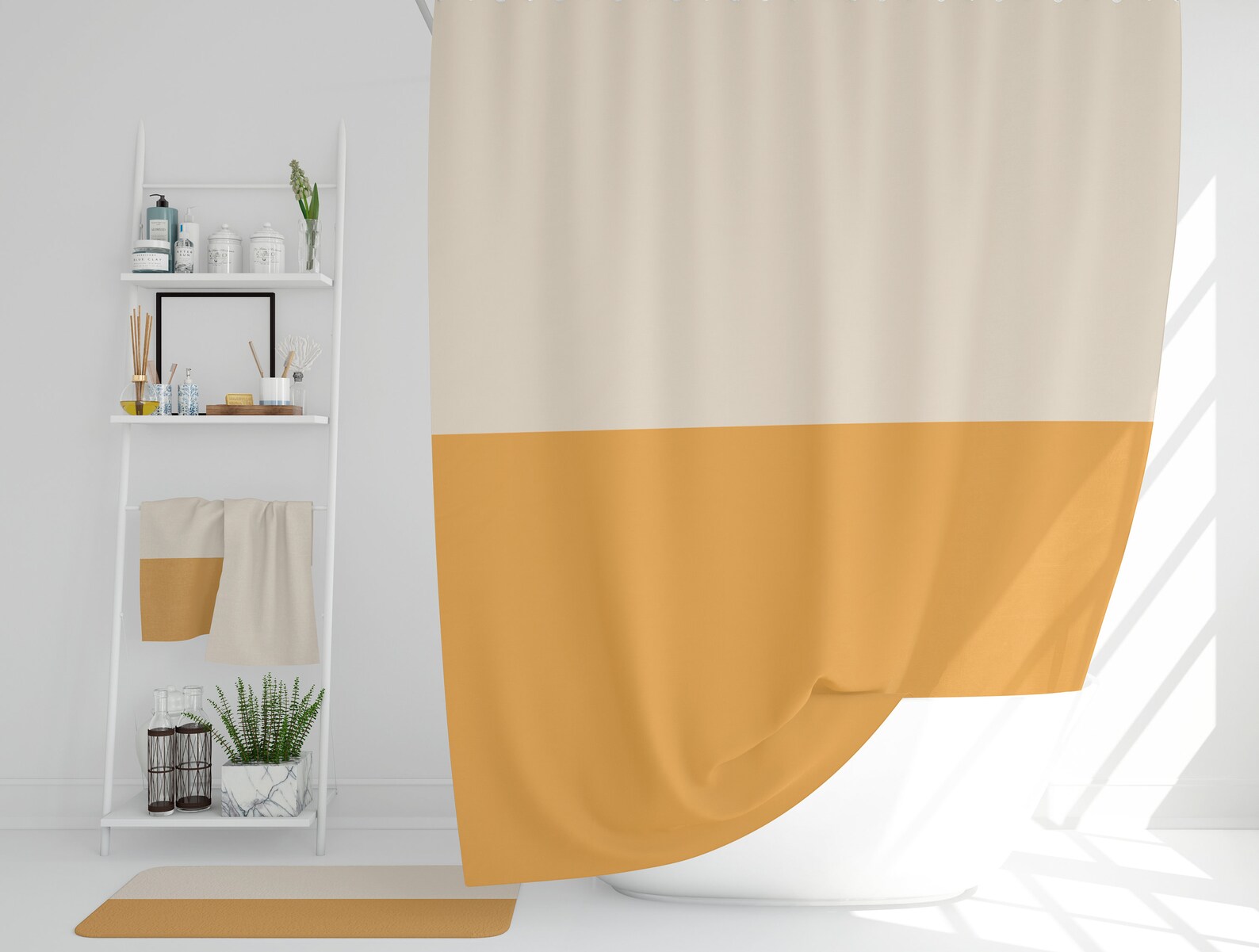Beige and mustard yellow shower curtain Color blocked shower Etsy
