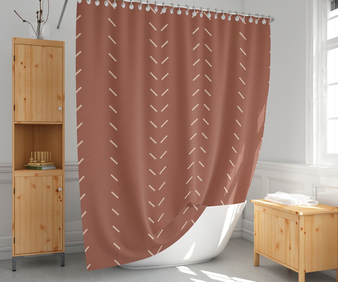 Terracotta Shower Curtain Boho Bath Curtain Geometric Etsy