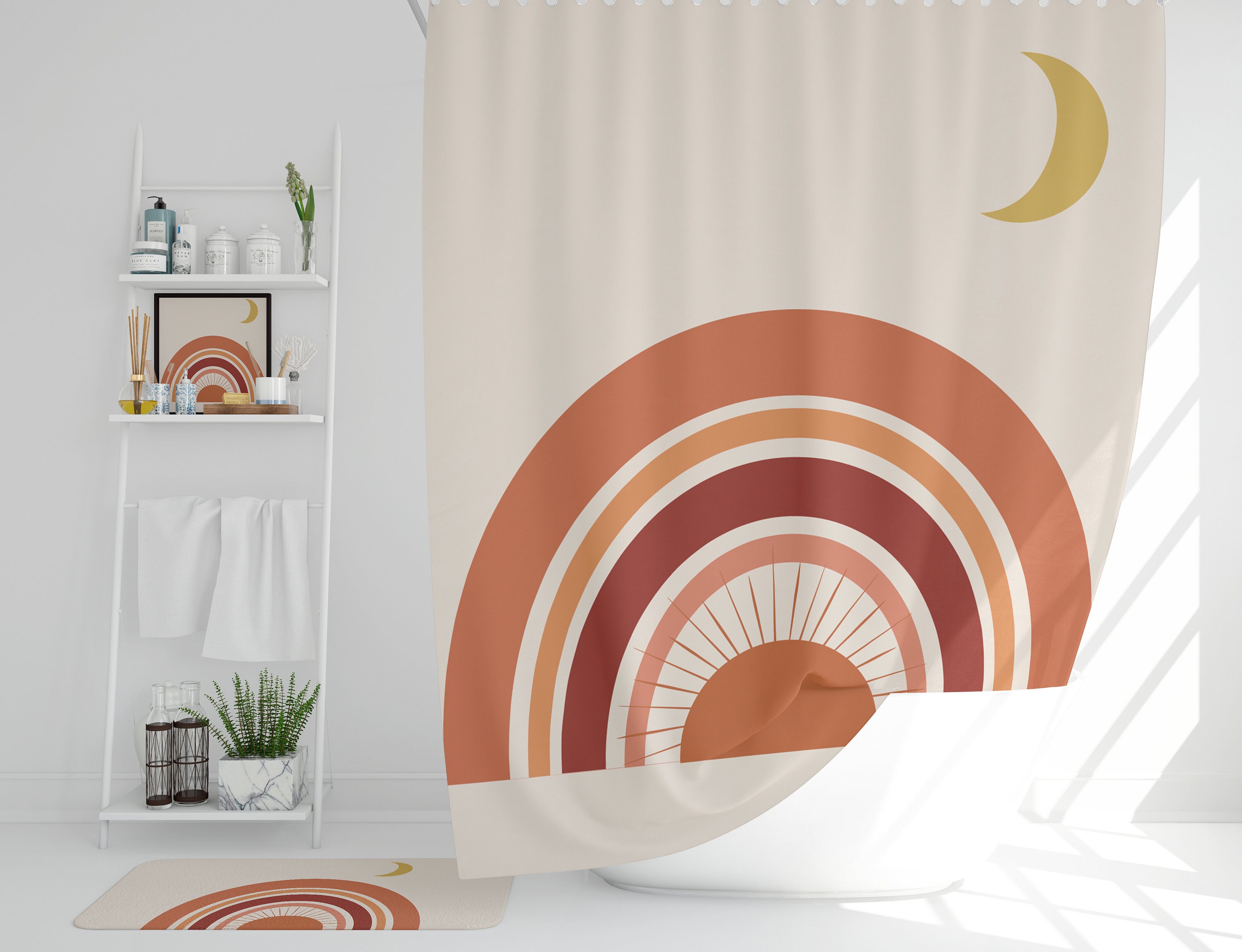 Boho shower curtain Boho rainbow sun and moon shower curtain Etsy