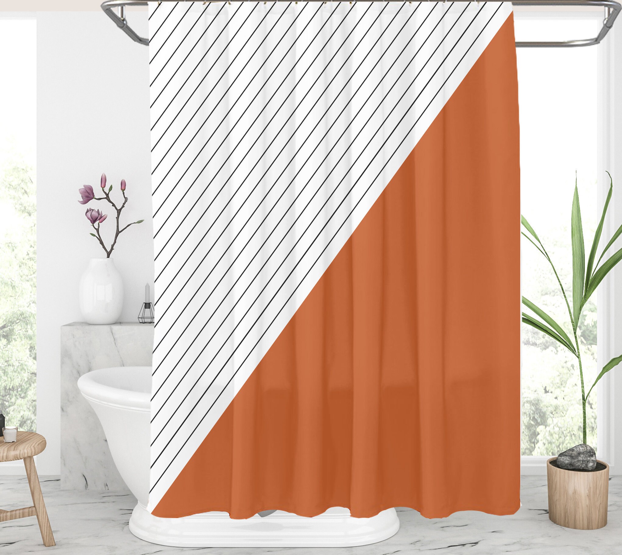 Burnt orange shower curtain Striped shower curtian Triangle Etsy