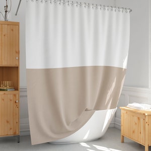 Minimalist Shower Curtain: White and Sand Colorblock, Modern Bath Decor