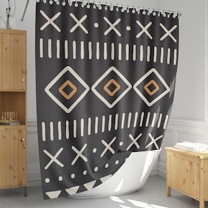 African Mudcloth Print Shower Curtain: Boho Geometric Bathroom Decor