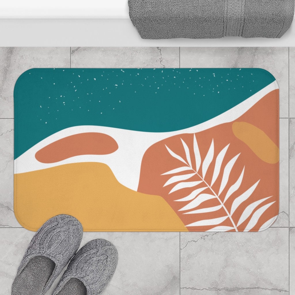 Abstract botanical bath mat Yellow and teal bath rugs Color Etsy