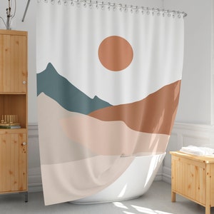 Landscape shower curtain, Mountains bath curtain, Farmhouse bathroom decor, Horizontal, Earth colors, Standard and extra long size-268