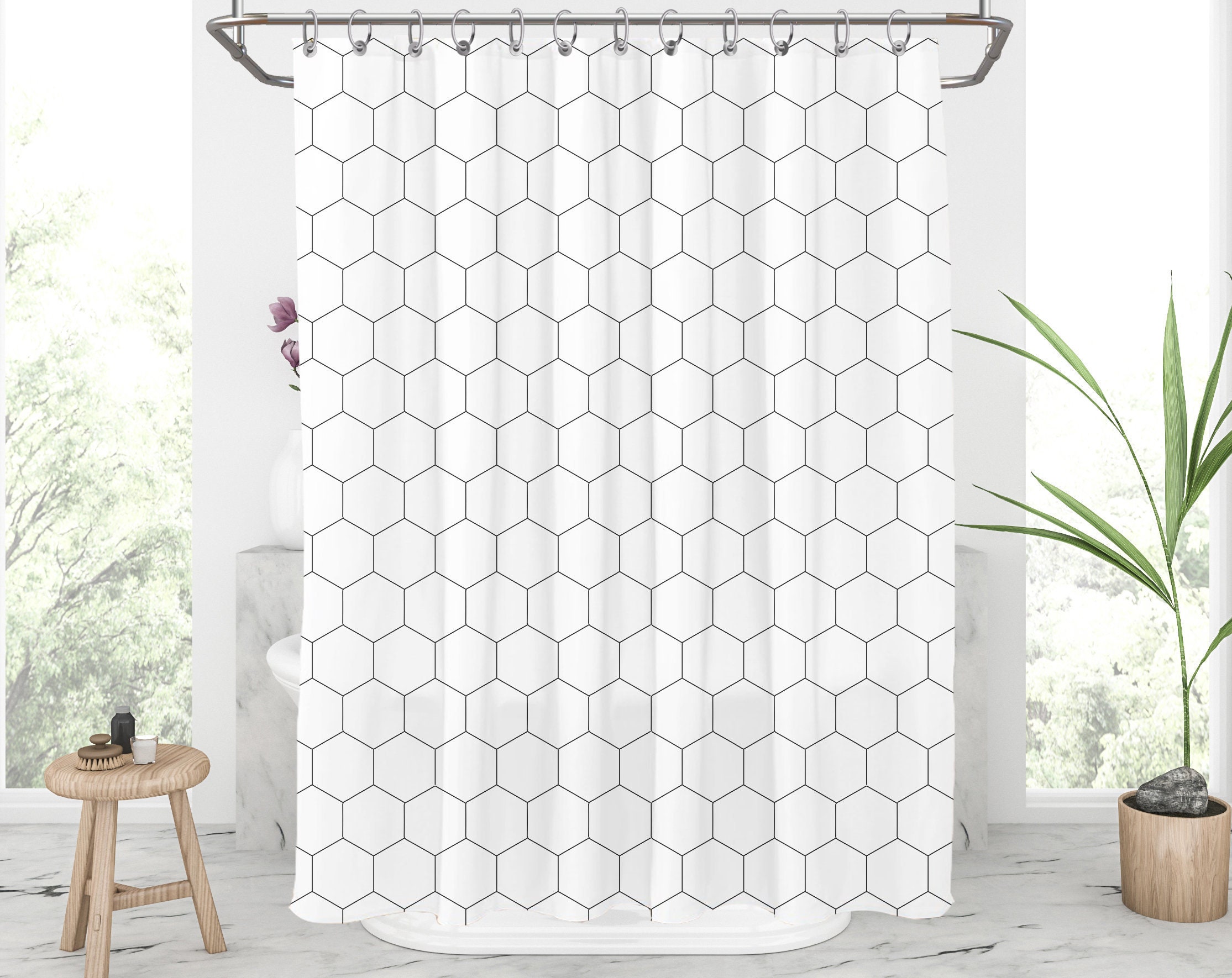 Hexagon Shower Curtain Black and White Bath Curtains Extra Etsy