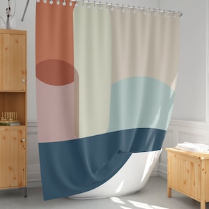 Color blocked shower curtain Mid century geometric shower curtain Bathroom decor Long shower curtain set Simple shower curtain-70