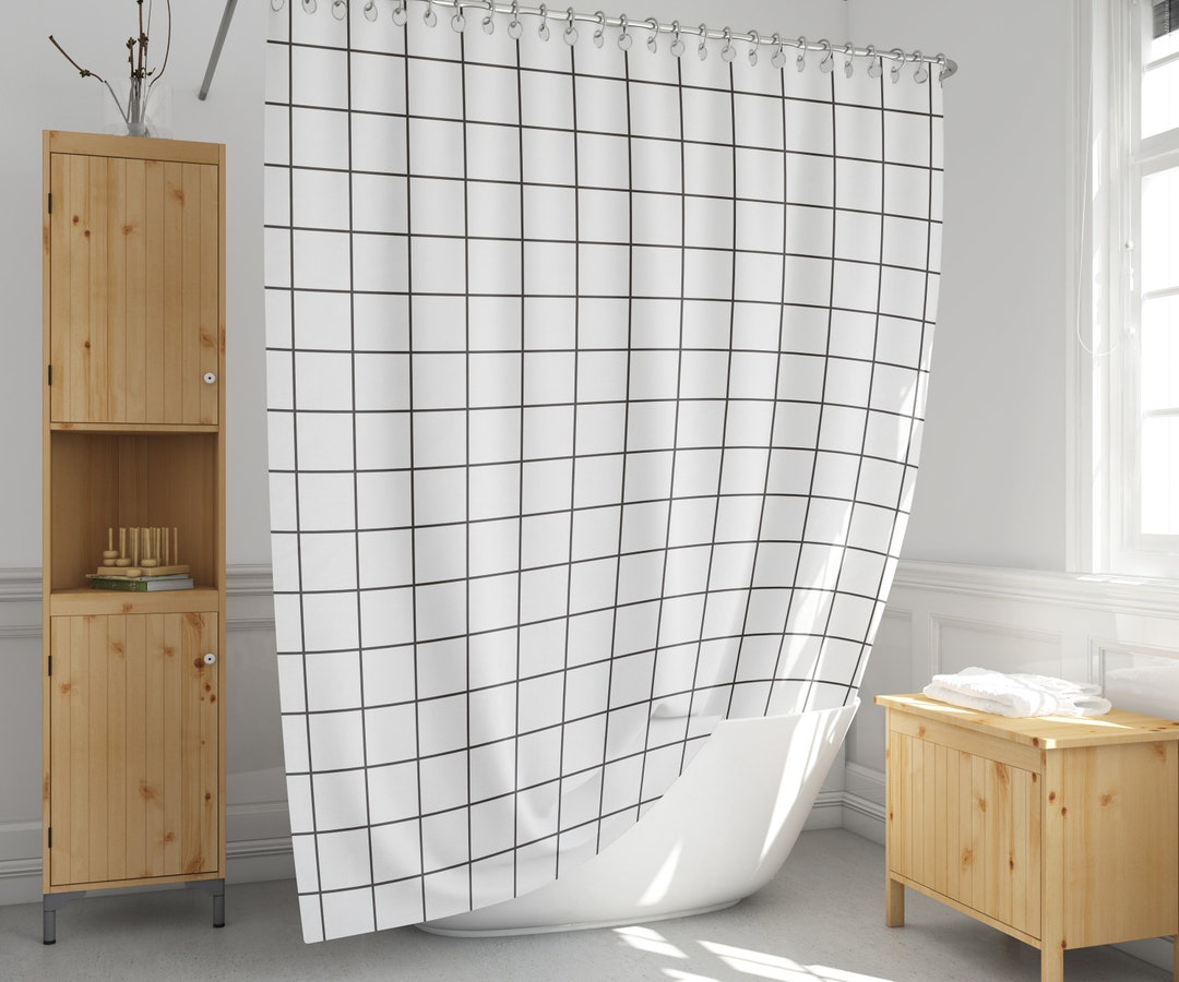 Black and White Shower Curtain, Grid Check Bath Curtain, Extra Long and