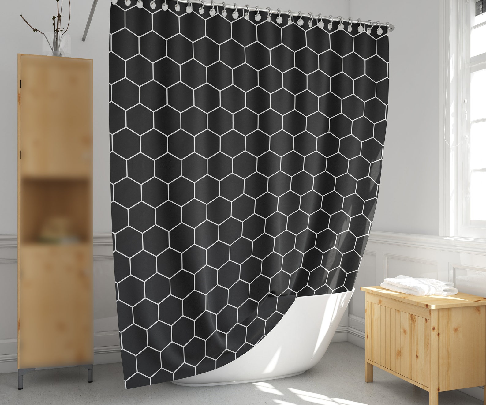 Extra long shower curtain Gemetric shower curtain Black and Etsy