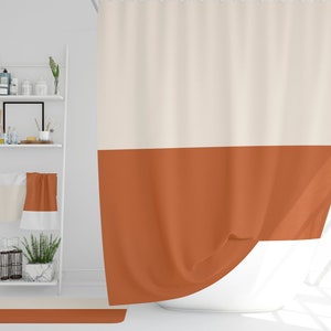 Beige and burnt orange shower curtain ,Simple bath curtains, Duotone, Extra long and standard size, Minimalist bathroom decor Gift idea-121 image 2