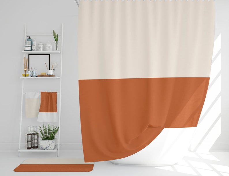 Rideau de douche beige et orange brûlé, rideaux de bain simples, bicolore, taille extra longue et standard, décoration de salle de bain minimaliste, idée cadeau-121 image 2