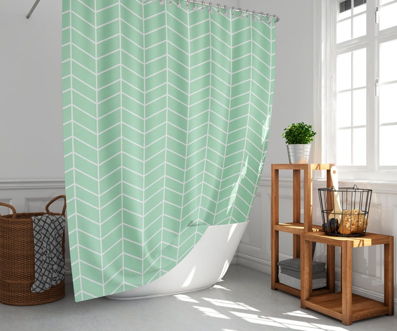 Mint Green shower curtain Herringbone shower curtains Long Etsy