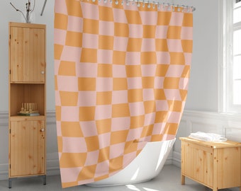 Retro karierter Duschvorhang, rosa und gelb orange, Wellenschach, Frauenbadezimmerdekor, moderner Badvorhang, Customsize extra lang-15