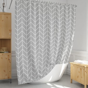 Herringbone Shower Curtain: Gray and White, Waterproof Polyester with Hooks
