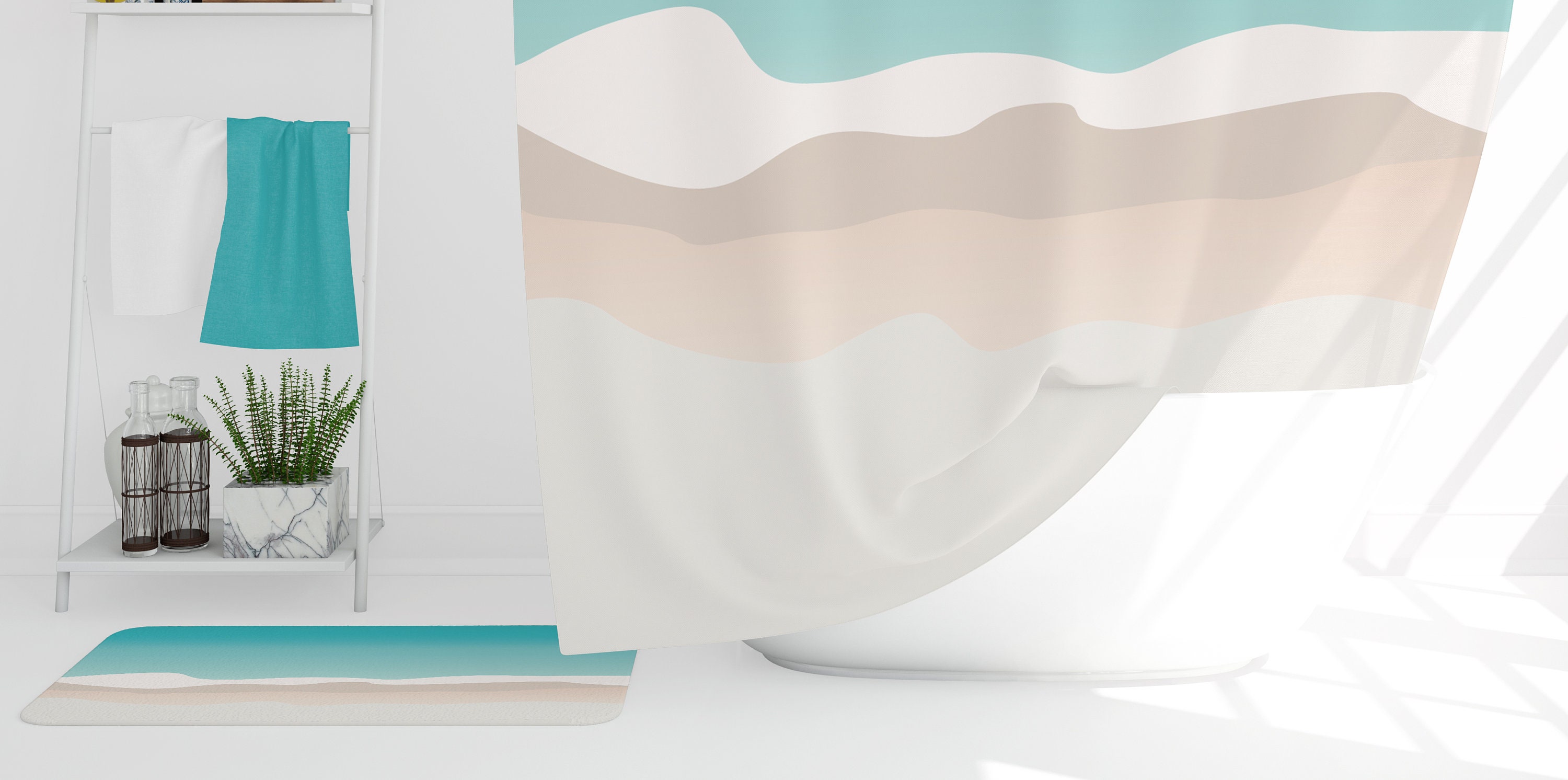 Aqua Blue Bath Mat Color Blocked Shower Rugs Abstract Sea and Etsy