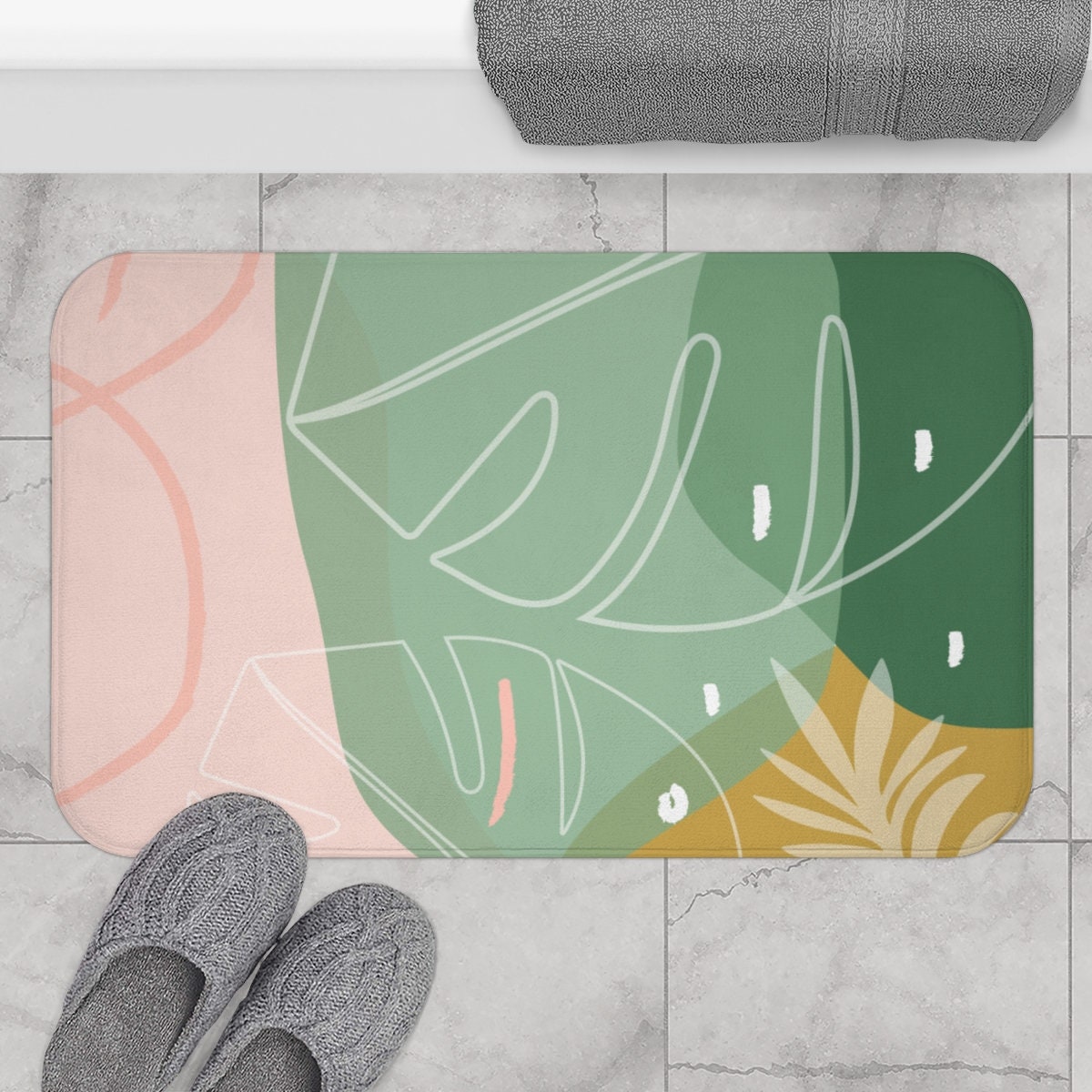 Monstera leaves bath mat Botanical bath rug Abstract pink and | Etsy