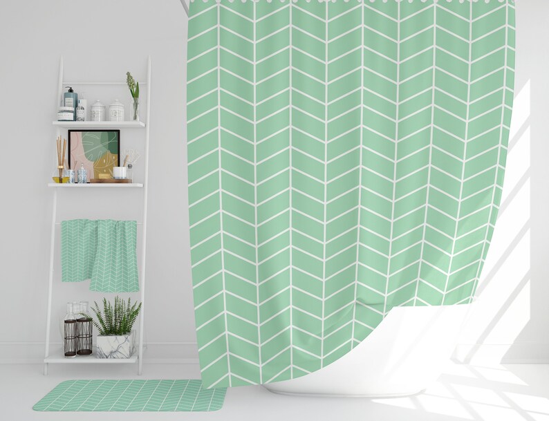Mint Green shower curtain Herringbone shower curtains Long Etsy