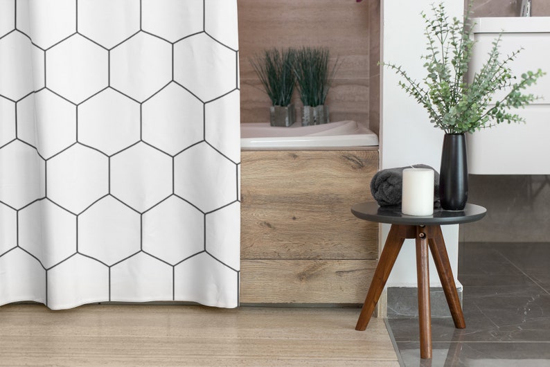 Hexagon Shower Curtain Black and White Bath Curtains Extra Etsy