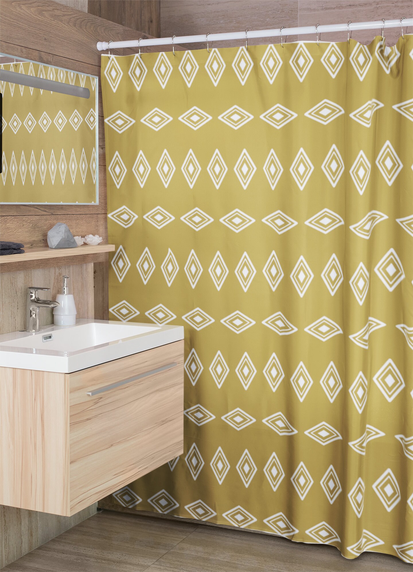 Mustard yellow shower curtain Tribal shower curtain Geometric Etsy