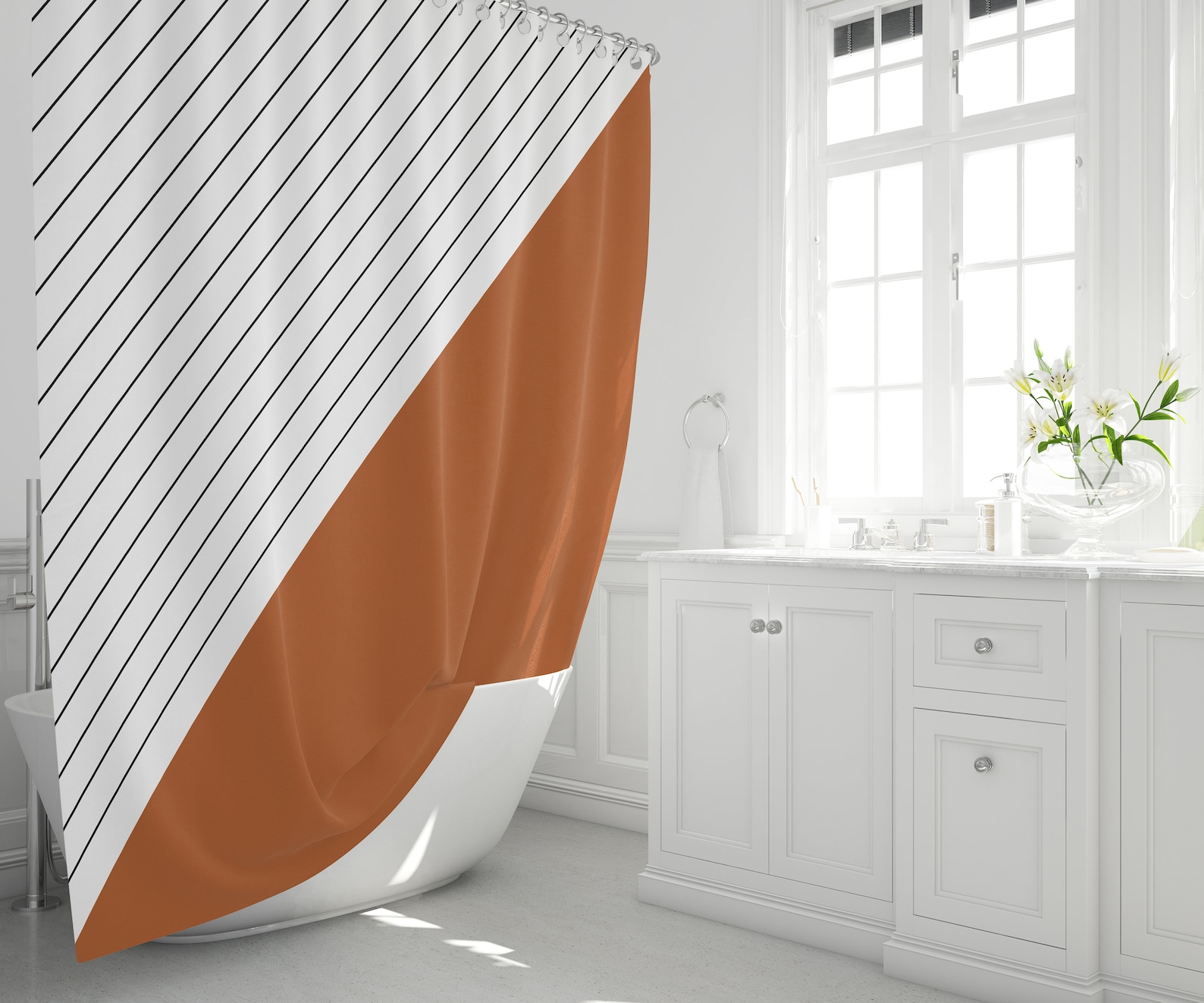 Burnt Orange Shower Curtain Striped Bath Curtain Geometric Etsy