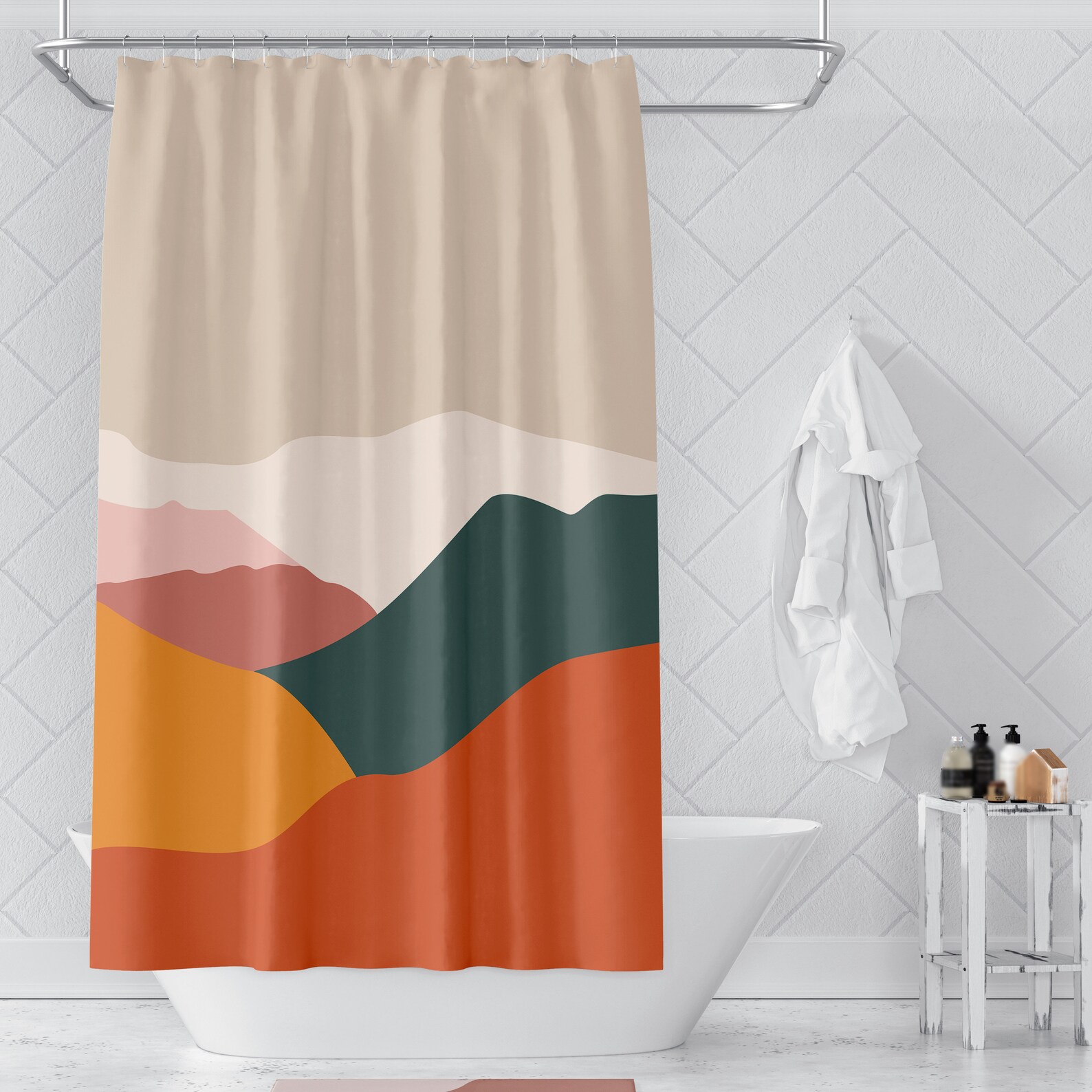 Misty Forest Duschvorhang – Neblige Berge & Kiefern, Wasserdichtes Polyester, 152x183 Cm Mit Haken