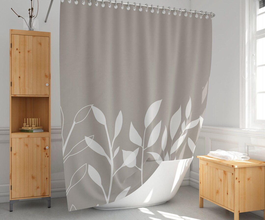 Taupe Shower Curtain Botanical Leaves Shower Curtain Etsy