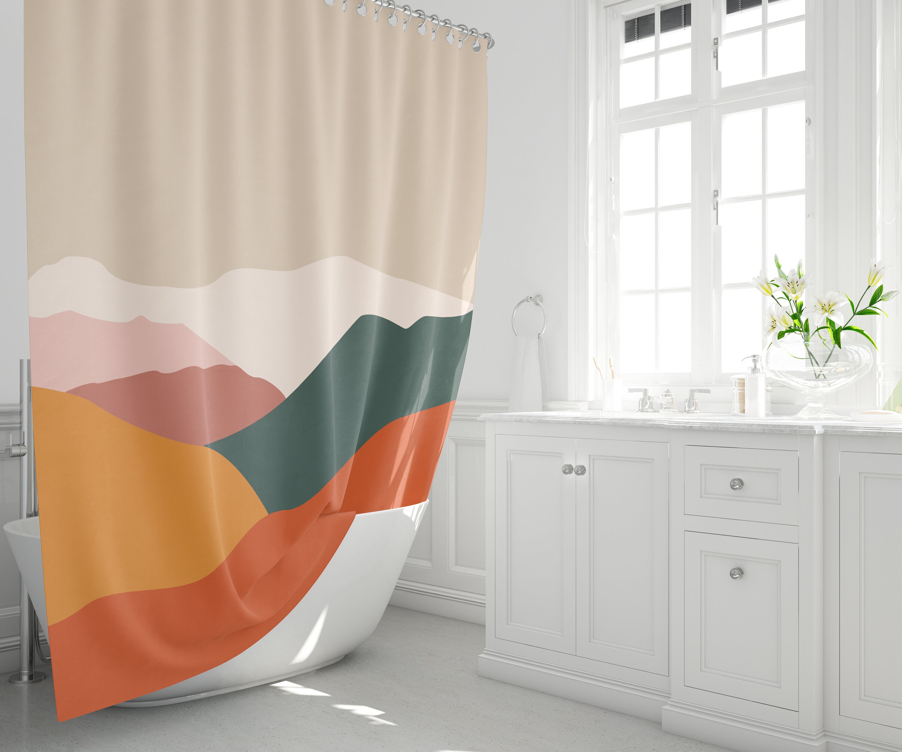 Duschvorhang Überlänge 240cm Kirschblüten Design - Wasserdichter Vorhang Mit 12 Haken