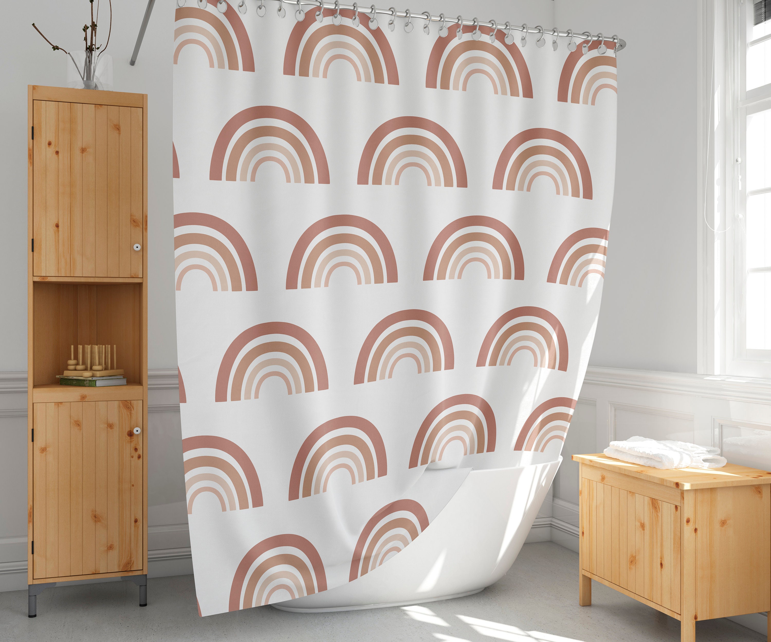 Boho Rainbow Shower Simple Earth Tone Bsth Curtain Extra Etsy