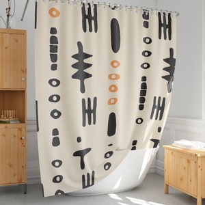 Handdrawn African mudcloth print shower curtain, Ethnic bath curtain, Minimalist rustic bathroom decor, Extra long and custom size-168
