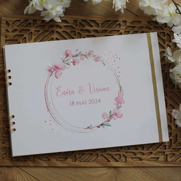 Livre d'or mariage personnalisé, fleurs de cerisiers