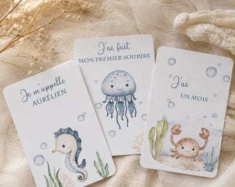 Baby milestone cards: birth, child, first year. Marine-themed milestone cards. Ocean milestone cards. Sea animals.