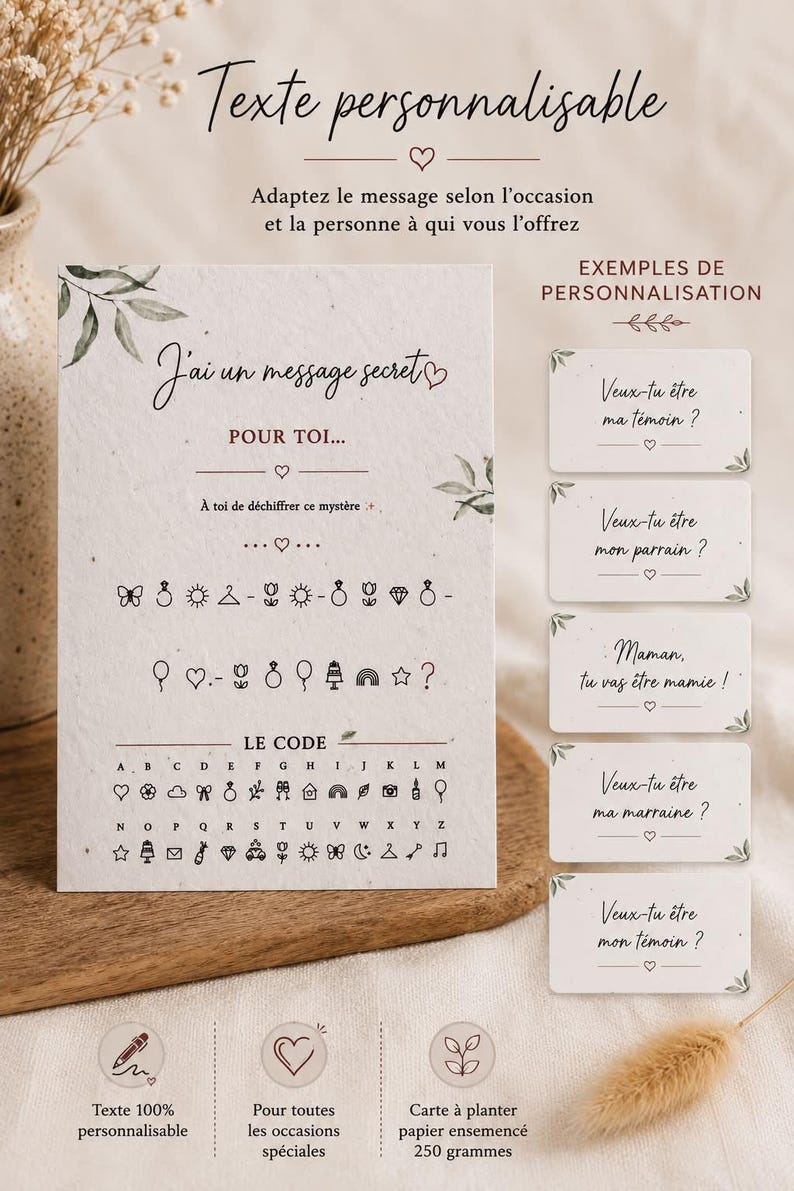 May include: A rectangular off-white card with a speckled texture featuring a secret message in French, a symbol-based cipher key, and five smaller rectangular cards showing examples of personalized messages with botanical accents.