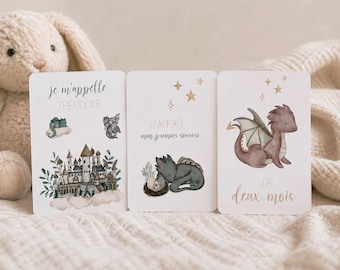 Baby milestone cards with a dragon theme, birth announcement, baby gift, first year cards