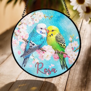 Budgie Birds Stained Glass Suncatcher – Love Parakeet Window Hanging Gift for Bird Lovers, Vibrant parakeets on cherry blossoms