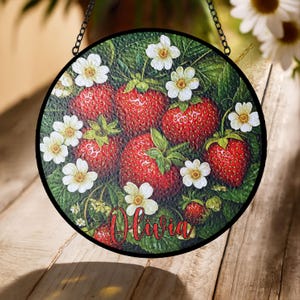 Strawberry Garden Stained Glass Suncatcher – Summer Fruit Acrylic Window Hanging Ornament, Cottagecore Sun Catcher Kitchen Gift