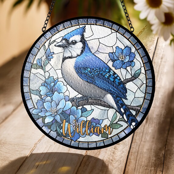 ブルージェイバードステンドグラスサンキャッチャー - カスタム