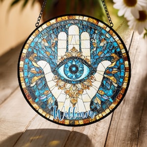 Hamsa Hand Stained Glass Suncatcher – Hand of Fatima Evil Eye Decor, Acrylic Window Hanging, Boho Spiritual Gift, Personalized Name Option
