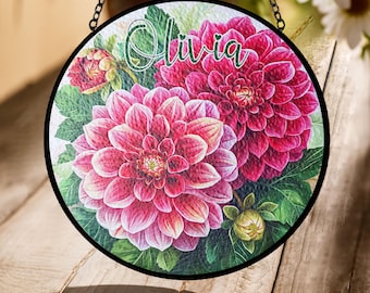 Pink Dahlia Stained Glass Suncatcher – Elegant Floral Acrylic Window Hanging Ornament, Sun Catcher Gift for Mom or Garden Lover
