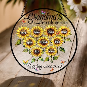 Custom Sunflower Garden Suncatcher | Personalized Grandkids Names Faux Stained Glass | Grandma&#39;s Favorite Garden Gift | Growing Since...