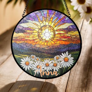Daisy Flower and Sun Suncatcher – Personalized Faux Stained Glass Window Decor – Custom Floral Ornament Gift - Custom Name Suncatcher
