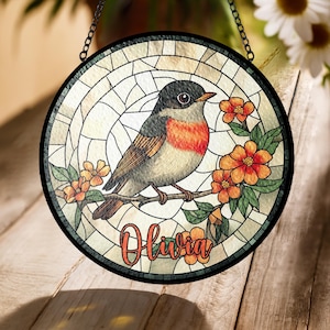 Robin Bird Stained Glass Suncatcher – Personalized Faux Glass Ornament – Custom Window Décor – Garden, Memorial or Nature Gift