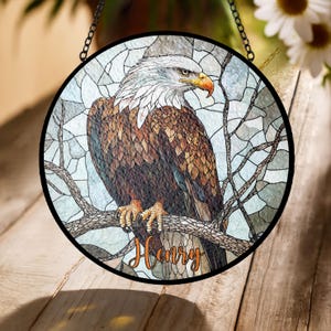 Bald Eagle Stained Glass Suncatcher – Patriotic Acrylic Window Decor with Custom Name, Symbol of Freedom & Strength - Custom Name Suncatcher