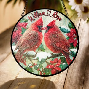 Custom Cardinal Couple Stained Glass Suncatcher – Personalized Winter Love Birds Ornament, Holiday Gift for Couples, Christmas Window Decor
