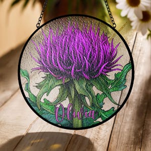 Celtic Thistle Stained Glass Suncatcher – Purple Scottish Flower Window Hanging Ornament, Acrylic Sun Catcher with Celtic Knot Frame