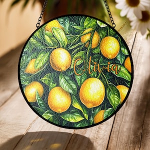 Lemon Branch Stained Glass Suncatcher – Citrus Fruit Acrylic Window Hanging Ornament, Summer Kitchen Sun Catcher Gift