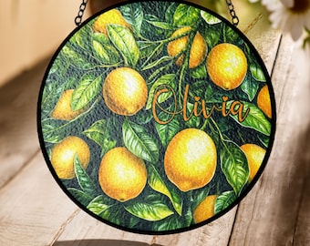 Lemon Branch Stained Glass Suncatcher – Citrus Fruit Acrylic Window Hanging Ornament, Summer Kitchen Sun Catcher Gift