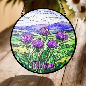 Scottish Thistle Stained Glass Suncatcher – Purple Floral Window Hanging Ornament, Celtic Nature Panel Sun Catcher Gift from Scotland