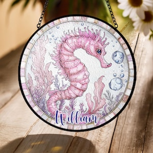 Pink Seahorse Stained Glass Suncatcher – Personalized Ocean-Themed Acrylic Window Decor Gift for Beach Lover, Nursery, or Marine Life Fan