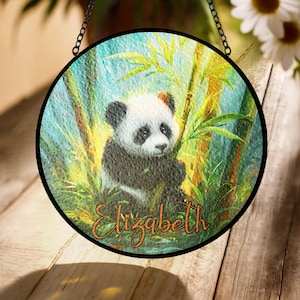 Panda Stained Glass Suncatcher – Personalized Bamboo Jungle Window Hanging, Cute Bear Lover Gift, Custom Wildlife Decor for Nature Fans